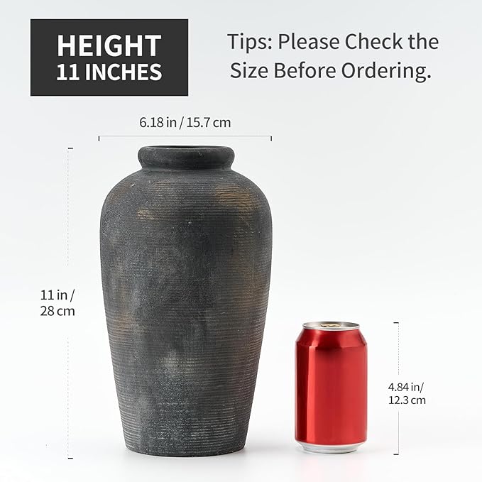 Large Ceramic Rustic Vase, 11 inch Minimalist Decorative Farmhouse Tall Vase for Home Decor, Living Room, Shelf Decor, Enterway, Wedding, Table Decoration, Bronze