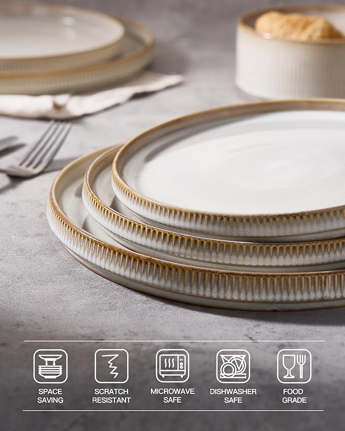 famiware Star Salad Plates for 6, 8 inches Plate Set, Stoneware Dinnerware, Small Dinner Plates for Dessert, Salad, Appetizer, Cappuccino White