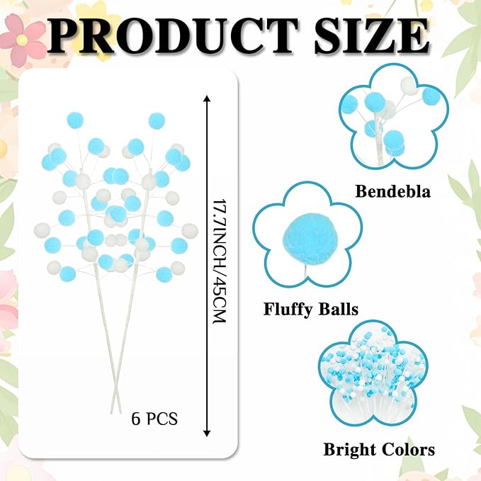 6 Pcs Blue White Pom Poms Christmas Decorations & Felt Christmas Picks and Sprays DIY Xmas Tree Toppers, Festive Tree Filler & Decor (BlueWhite)