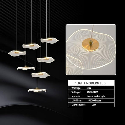 ziidoo High Ceiling Chandelier - 7-Light Dimmable Modern Gold Long Spiral Luxury Linear Lotus Leaf Led Lamp Hanging Pendant Lights for Foyer Enterway Staircase Villas