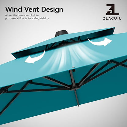 9x12FT Turquoise Cantilever Outdoor Patio Umbrella with Base, Large Rectangular Offset Design, Double Top Heavy Duty Aluminum Frame & 360° Rotation for Pool Garden Deck Backyard