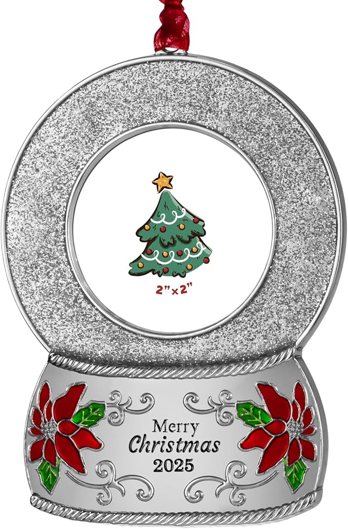 2025 Christmas Ornaments 2 inch Picture Frame Metal Hanging Pendant for Tree Small Decorative Keepsake, Display Photo for Baby and Pet (Crystal Ball Silver(2025))