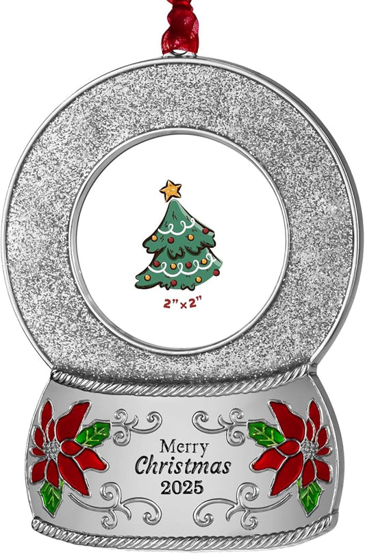 2025 Christmas Ornaments 2 inch Picture Frame Metal Hanging Pendant for Tree Small Decorative Keepsake, Display Photo for Baby and Pet (Crystal Ball Silver(2025))