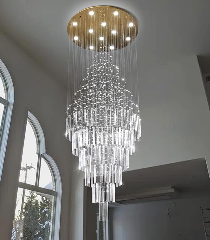 W32 x H100 Glam Chandelier with LED Bulbs Crystal Raindrop High Ceiling Pendant Light for Entrance Large Villa Chandelier Foyer Lighting Fixtures Gold