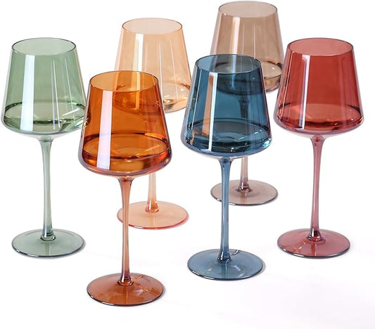 Hand Blown Colored Wine Glasses Set of 6-18oz Multi Colored Square Wine Glasses with Tall Long Stems and Flat Bottom,Crystal Colorful Wine Glass-Wedding,Birthday Gifts Gifts