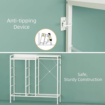 Hanging Rack 8 Drawer Dresser Charging Station & LED Lights, White Kids Chest of Fabric Drawers, White