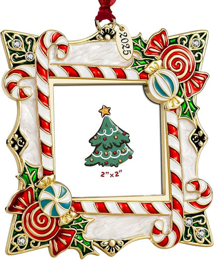 2025 Christmas Ornaments 2 inch Picture Frame Metal Hanging Pendant for Tree Small Decorative Keepsake, Display Photo for Baby and Pet (Candy Gold (2025))