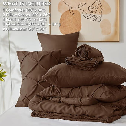 CozyLux Queen Comforter Set Brown, 7 Pieces Pintuck Bed in A Bag, Premium Brown Comforter Queen Size, Pinch Pleat Bedding Sets with Comforter, Sheets, Pillowcases & Shams