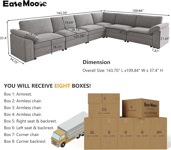 EASE MOOSE Oversized L Shape Sectional Couch,Extra Large Deep seat Gray Sectional Modular Sofa for Living Room,Light Gray