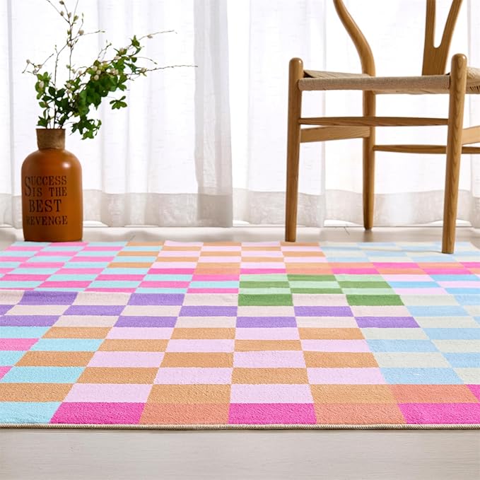 Multicolored Checkerboard Nursery Rug Washable Ultra Thin Retro Funky Aesthetic Cute 5x7 Area Rugs for Living Room Bedroom Kitchen Entryway Dorm, Pastel Colorful Checkered Geometric Carpet