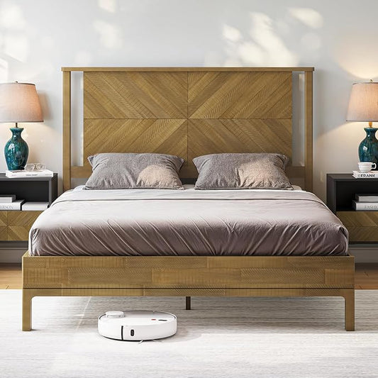 Bme Vivian 14 Inch Deluxe Bed Frame with Headboard, Rustic & Scandinavian Style with Solid Acacia Wood, No Box Spring Needed, 12 Strong Wood Slat Support, Easy Assembly, Queen, Rustic Seadrift