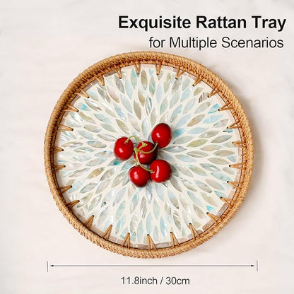 Round Rattan Tray with Mother of Pearl Inlay, Rattan Serving Tray for Coffee, Bread, Fruits, Decorative Wicker Tray for Table Decor, Home Decor, Kitchen Island Decor (Ambilight, 11.8")