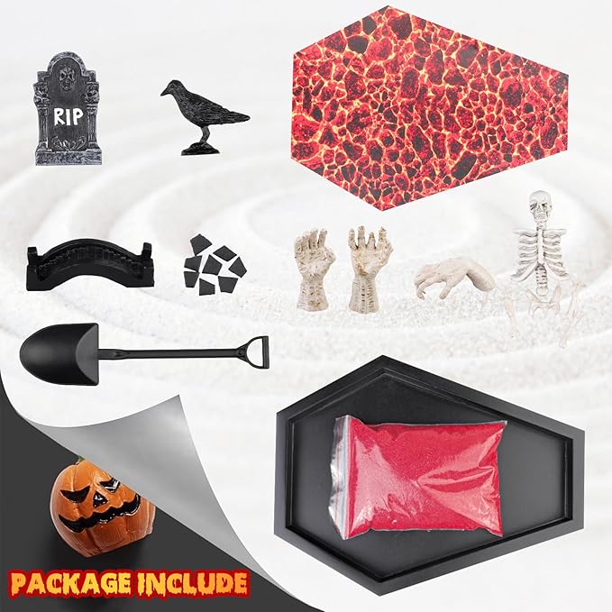Coffin Zen Garden for Desk 7" x 9" Mini Zen Garden Kit Goth Accessories for Office Halloween Coffin Spooky Decor Sand Spooky Gifts Gothic Decor Gifts for Man Women