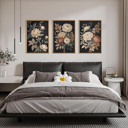 HOURIA Large Moody Dark Flower Framed Canvas Wall Art,Retro Beige Red Peony Wall Decor,Vintage Textured Blossom Botanical Artwork,Natural Wildflower Art Print for Living Room,Bedroom,Office-24 x36 x3