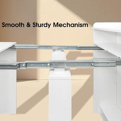 21''- 98.43'' Extendable Dining Room Table, Expandable Dining Table, Modern Large Table, for 2-9 Person(with Shelf), White