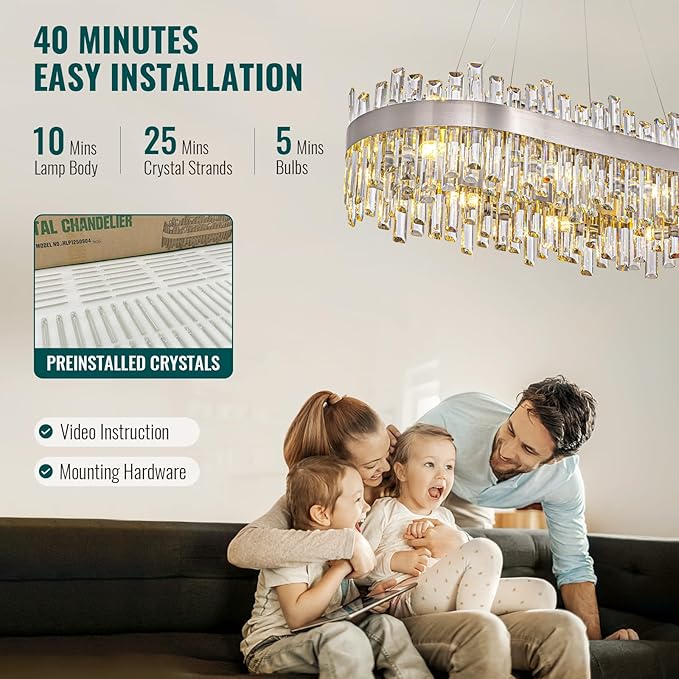 Siljoy 16-Light Modern Crystal Chandelier, Luxury Rectangular 2-Tier Crystal Raindrop Chandelier, Brushed Nickel Oval Pendant Ceiling Light Fixture for Dining Room Kitchen Island Bar L35.4''