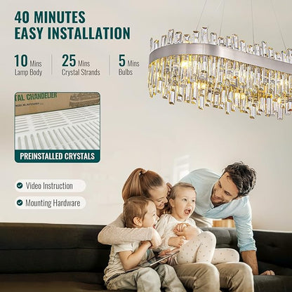 Siljoy 16-Light Modern Crystal Chandelier, Luxury Rectangular 2-Tier Crystal Raindrop Chandelier, Brushed Nickel Oval Pendant Ceiling Light Fixture for Dining Room Kitchen Island Bar L35.4''