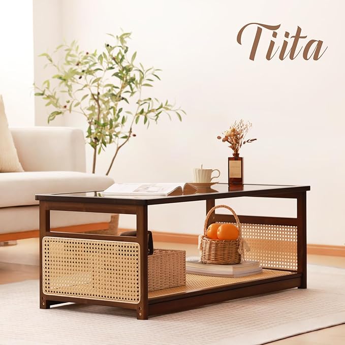 Tiita Coffee Tables for Living Room，Mid Century Modern Storage 2-Tier Coffee Tables，Rattan Glass RectangleTables，Suitable for Living Room Apartment，Brown