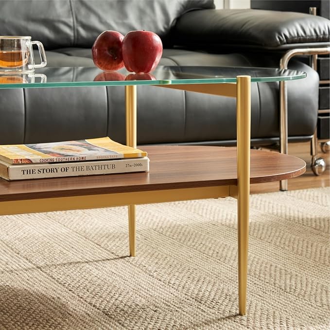 Saint Mossi Oval Glass Coffee Table for Small Living Room, Double Layer Glass and Wood Center Table, Clear Glass & Coffee Brown MDF Bottom Shelf, 41”x21 x17, Gold Table Legs
