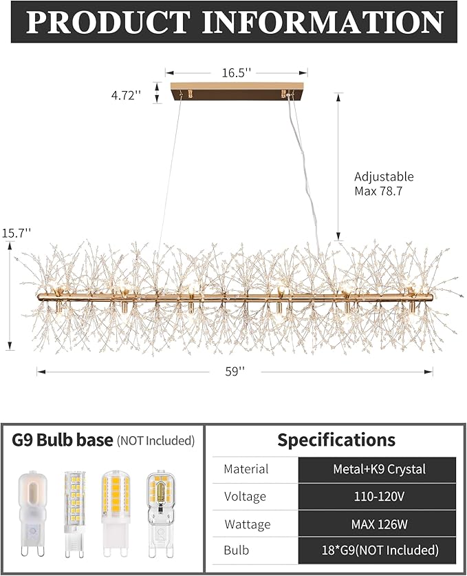 Modern 59" Modern Gold Crystal Firework Chandelier, 18-Light Pendant Light Fixture, Rectangle Linear Sputnik Dandelion Chandeliers for Dining Room Kitchen Living Room