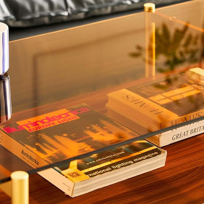 AGV LIGHTING Tadio Large Glass Coffee Table, Mid-Century Modern Coffee Table for Living Room, Gold Finish Leg, Coffee Brown Glass Top & Walnut Brown Shelf, 47 in Rrounded Corners