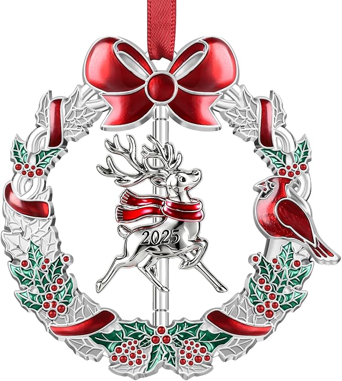 Christmas Ornament 2025 for Xmas Tree Hanging Decorations - 2025 Deer Christmas Wreath Ornament with Rotatable Reindeer for Holiday Decoration Keepsake Gift Lover Friends Family