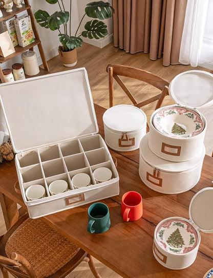 StorageWorks China Storage Containers, Hard Shell China Storage Boxes for Dishes, Plates and Mugs, Stemware Storage Cases, Holds up to 12 Place Setting, Foldable and Stackable Organizer, 5 Pack, Beige