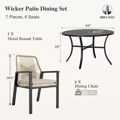 HERA'S HOUSE 7 Pieces Patio Table and Chairs Set, Outdoor Dining Set for 7, 6 x Cushioned Woven Rattan Patio Chairs and 1 x 54” Round Table with Umbrella Hole, Outdoor Rattan Dining Set for Lawn