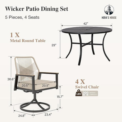 HERA'S HOUSE 5 Pieces Patio Table and Chairs Set of 4, 4 x Swivel Chairs with 3.1" Cushions and 42" Round Dining Table with Umbrella Hole, Outdoor Dining Set for Lawn Garden Backyard Porch