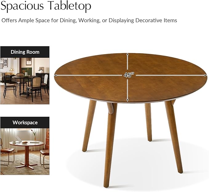 HULALA HOME Round Dining Table for 4, 45” Solid Wood Ktichen Table, Small Dinner Coffee Writing Table for Kitchen Dining Room, Save Space, Acorn