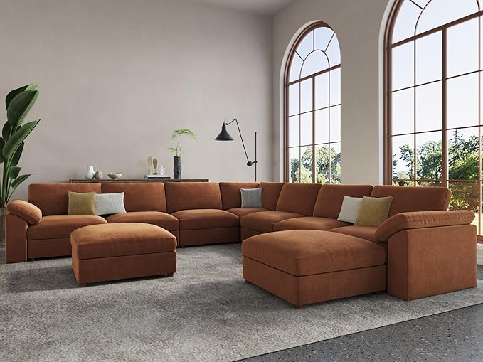 EASE MOOSE Oversized Modular Sectional Sofa with Ottoman, Modern Luxury Wide Deep Modular Couch, U Shaped Couch for Big Spaces Living Room, Brown