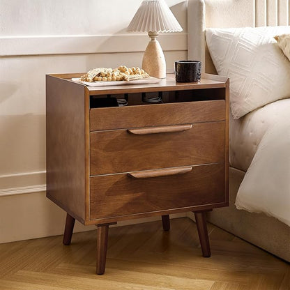 HULALA HOME Nightstand with Charging Station, Mid-Century Modern 2 Drawer and Open Shelf Bedside Tables, Wood Night Stand with USB Ports and Outlets for Bedroom Set of 2, Acorn