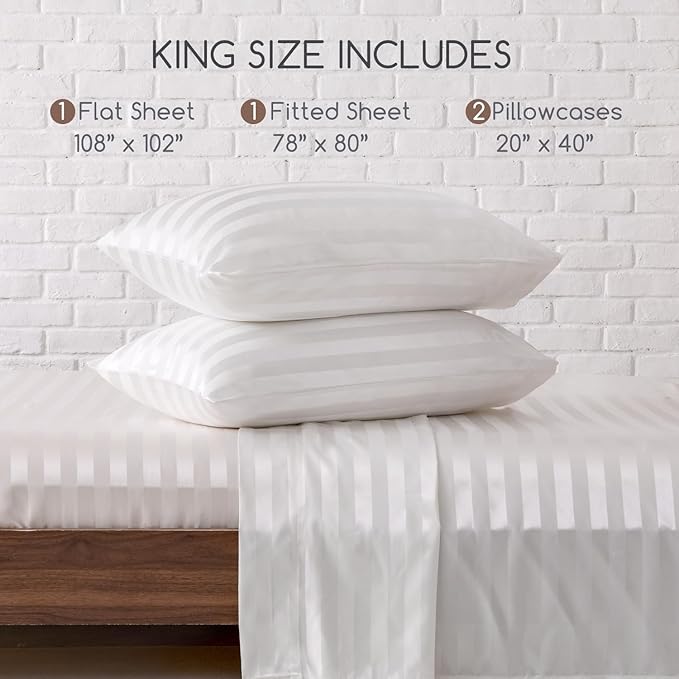 MR&HM Satin Bed Sheets, King Size Sheets Set, 4 Pcs Silky Bedding Set with 15 Inches Deep Pocket for Mattress (King, Ivory Striped)