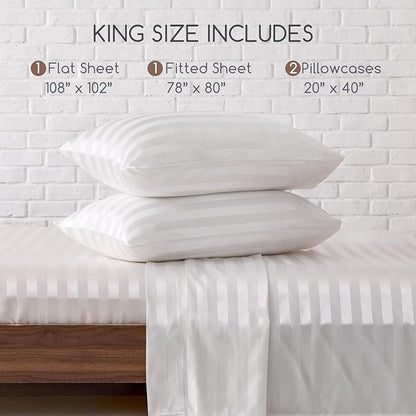 MR&HM Satin Bed Sheets, King Size Sheets Set, 4 Pcs Silky Bedding Set with 15 Inches Deep Pocket for Mattress (King, Ivory Striped)
