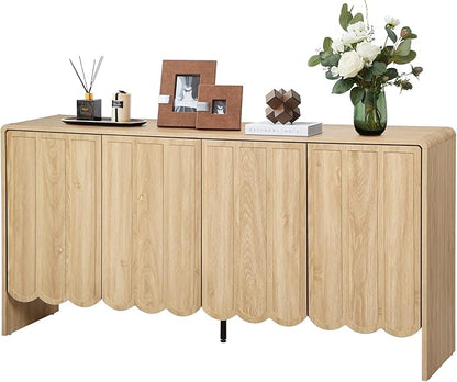 ORRD Sideboard Buffet Cabinet, Accent Storage Cabinets with 4 Doors, Farmhouse Wood Cabinet with Adjustable Shelves and Wave Panel for Living Room, Dining Room, Entry - Natural