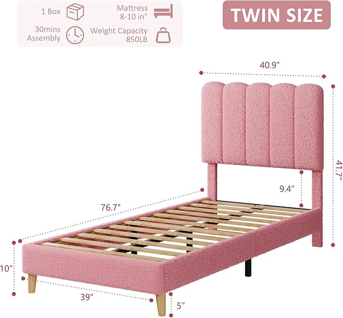 GarveeHome Twin Bed Frame, Boucle Upholstered Platform Bed with Wave Headboard for Girls/Kids, Easy Assembly, Wooden Slats Support, No Box Spring Needed, Light Pink