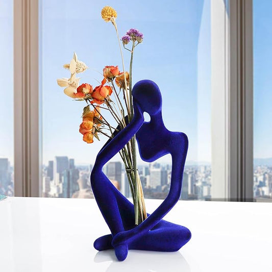 Abstract Thinker Statues and Sculptures, Resin Blue Flocked Thinker Statue Ornaments, Housewarming Gifts, Modern Figurines Decor for Living Room Dining Room Bathroom
