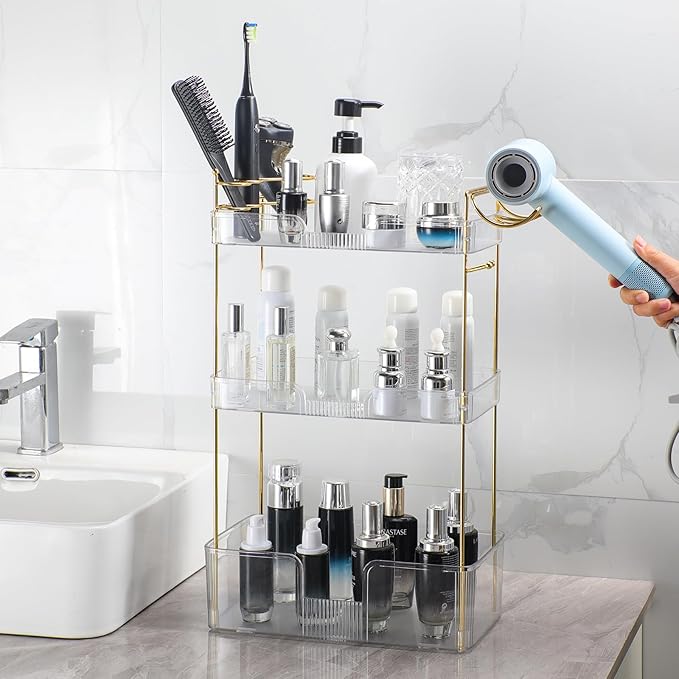 3 Tier Bathroom Organizer Countertop Makeup Perfume Skincare Organizer Comes with Hair Dryer Rack and Toothbrush Holder for Bathroom Dresser Vanity (White)