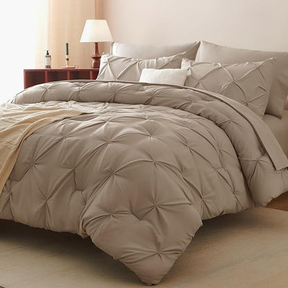 CozyLux King Size Comforter Set Khaki, 7 Pieces Pintuck Bed in A Bag Khaki Comforter King Size, Pinch Pleat Bedding Set with All Season Comforter, Sheets, Pillowcases & Shams