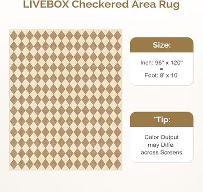 LIVEBOX Washable Living Room Rug 8x10, Brown Checkered Diamond Rug Non-Slip Modern Neutral Geometric Plaid Rugs for Bedroom, Low Pile Area Rug for Dining Room Kids Room Classroom