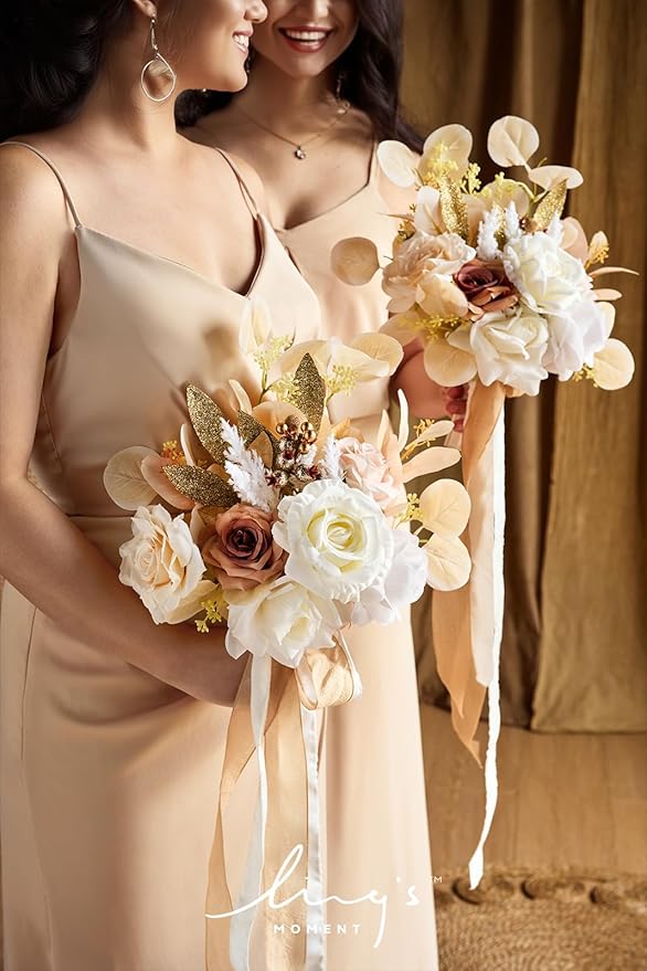 Ling's moment Artificial Flowers Boho Bridesmaid Bouquet, White Beige Wedding Flowers Bouquets for Bridesmaids, 7 Inch Bridal Bouquets for Bridesmaids, Wedding, Ceremony, Anniversary, etc