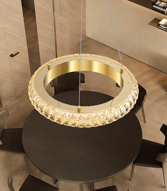 16" Ring Modern LED Dimmable Crystal Chandelier Adjustable Height Pendant Light Round Crystal Chandelier Light Fixtures for Dining Room Living Room Kitchen Island Gold
