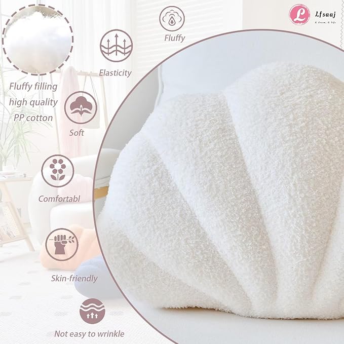 Ivory Seashell Throw Pillows, Shell Shaped Throw Pillows, 13 Inch Soft Home Decorative Pillow Plush Cushion for Bed Couch Living Room Decor Accent Throw Pillow