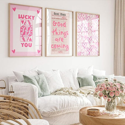 Lucky You Pink Wall Art Guest Check Preppy Wall Decor Trendy Aesthetic Canvas Wall Art Funky Poster Cute Picture Prints Inspirational Artwork for Room Bedroom 12x16 Inch Unframed Set of 3