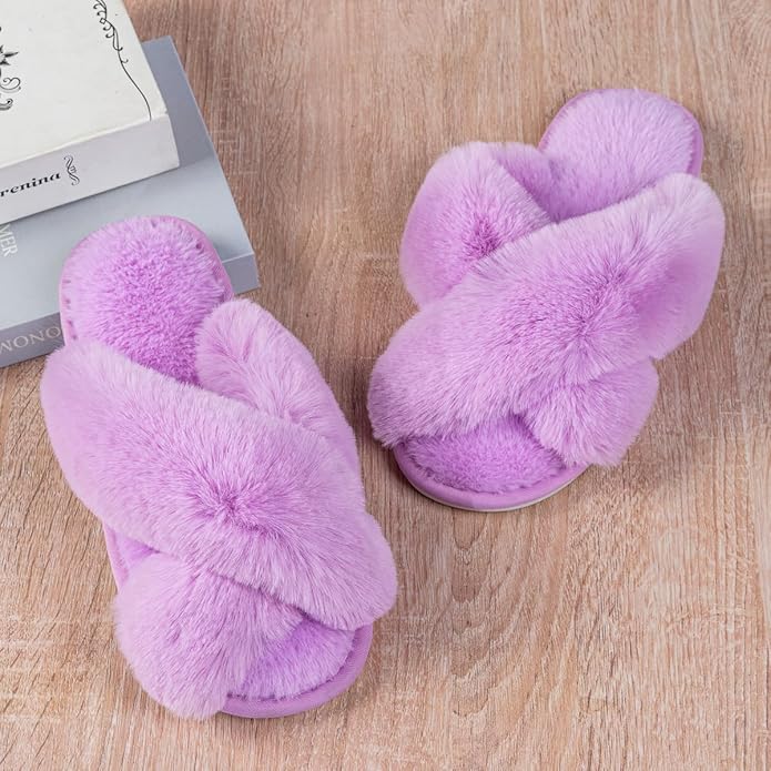 Women's Slipper Memory Foam Cross Band Fuzzy Slippers Open Toe Cozy House Slippers Cozy Plush Bedroom Indoor Outdoor