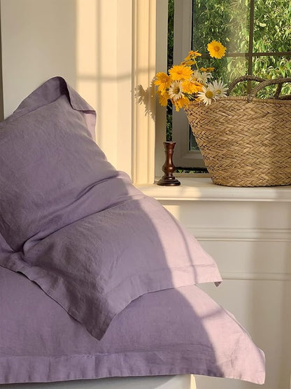Simple&Opulence 100% Linen Duvet Cover Set with Washed-French Flax-3 Pieces Solid Color Basic Style Bedding Set-Breathable Soft Comforter Cover with 2 Pillowshams (Full, Lilac)