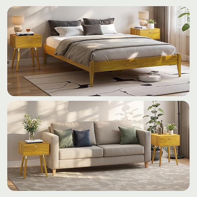 Bme Alden Wood Nightstand, Solid Wood End Table, Mid Century Modern Nightstand, Side Table with 1 Drawer, Compact for Bedroom, Living Room & Study Room, Easy Assembly, Golden Natural