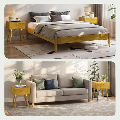 Bme Alden Wood Nightstand, Solid Wood End Table, Mid Century Modern Nightstand, Side Table with 1 Drawer, Compact for Bedroom, Living Room & Study Room, Easy Assembly, Golden Natural