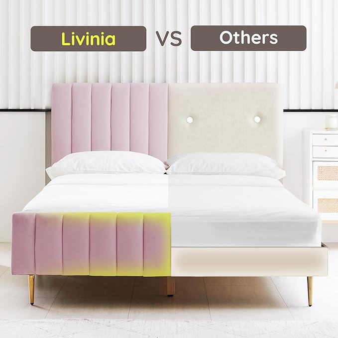 Livinia King Size Elton Velvet Platform Bed, Upholstered Bed Frame with Vertical Channel Tufted Headboard Footboard, Strong Wood Slats, No Box Spring Needed, Pink (King)