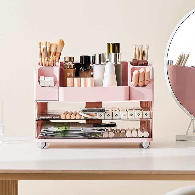 Makeup Organizer for Vanity with 2 Large Drawers, Cosmetic Display Case with Brush Holders, Easy to Storage for Bathroom Countertop Skincare, Desk Office Supplies, Pink